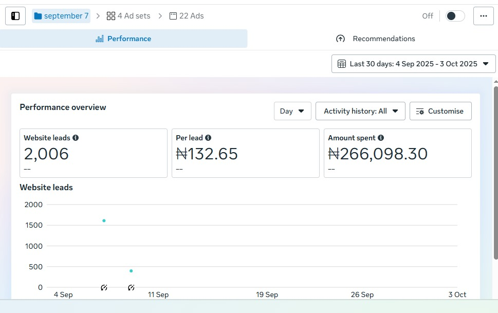 Meta Ads Manager performance overview showing 2,006 website leads at ₦132.65 per lead